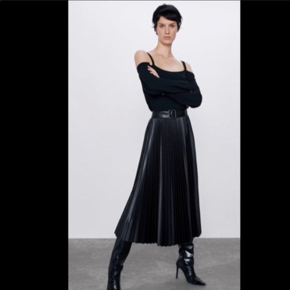 Zara Black Faux Leather Flared Midi Skirt Size XS